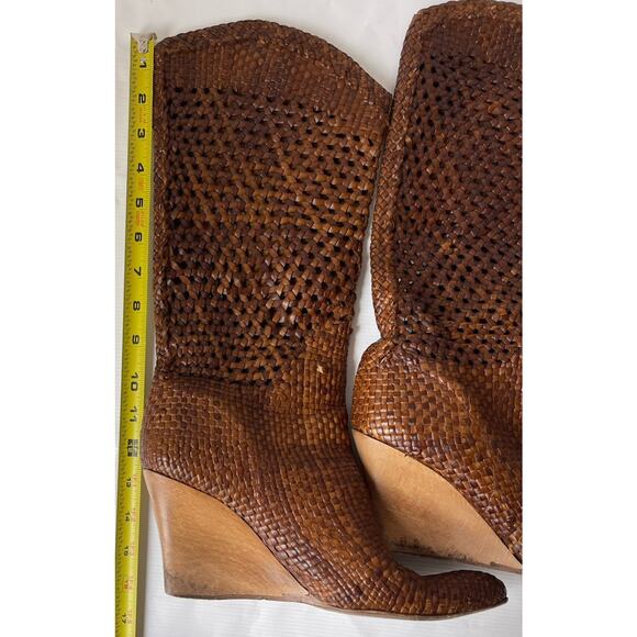 Kenneth Cole Brown Leather Straw Woven Wedge Boot Sz 7.5 Italy Concert - Picture 9 of 12